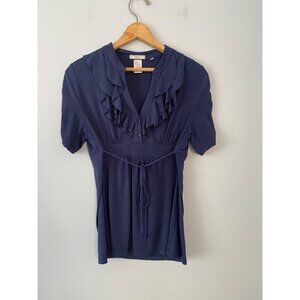 Halo Womens Navy Ruffled Blouse Size Med V-Neck Short Sleeve Top